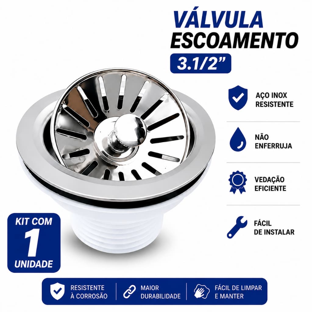 Válvula de Escoamento 3.1/2" Aço Inox e Plástico para Pia de Cozinha | Cestinha Removível | 1 UNIDADE