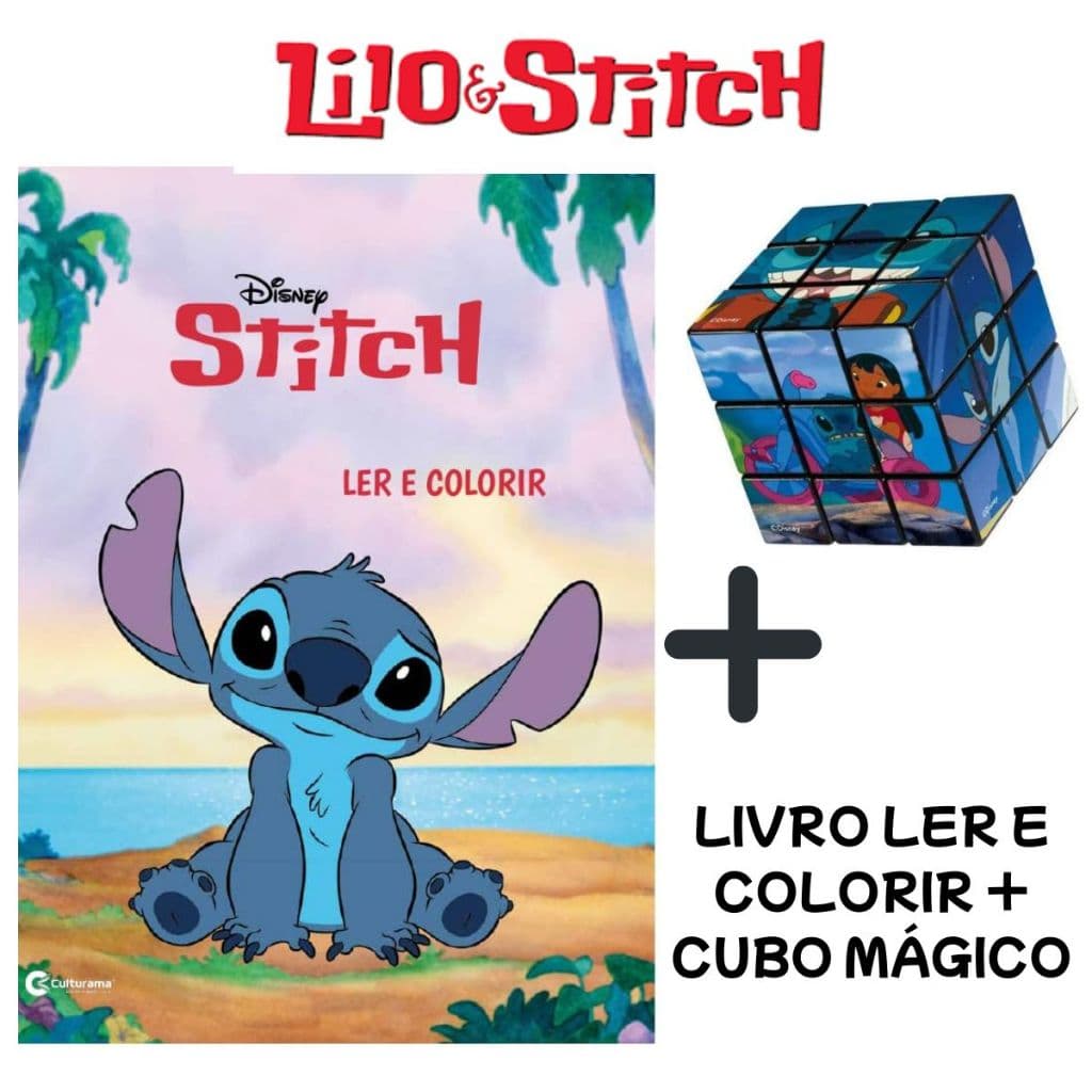 Livro e Cubo Mágico Brinquedo Kit Stitch Divertidamente Moana 2 com Livro Ler e Colorir com Cubo Mágico Infantil Disney
