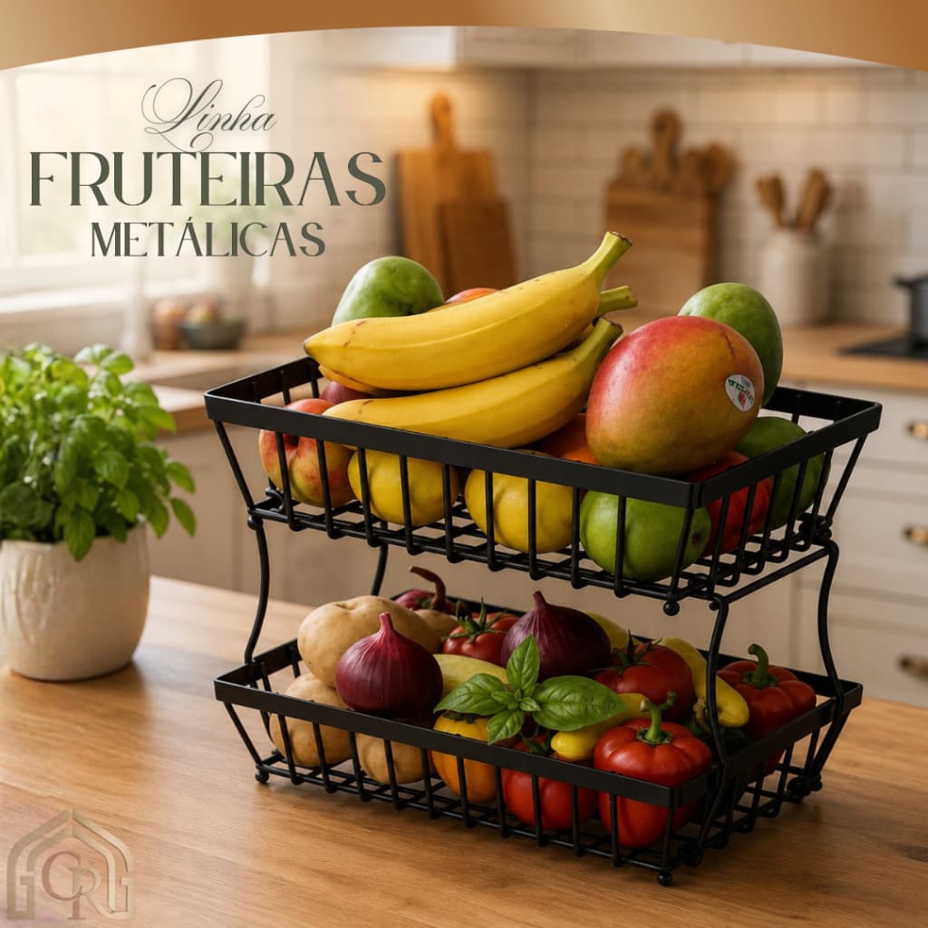 Fruteira Metálica Duplo Andar Preta Armazenamento Organizador Cozinha Prateleira
