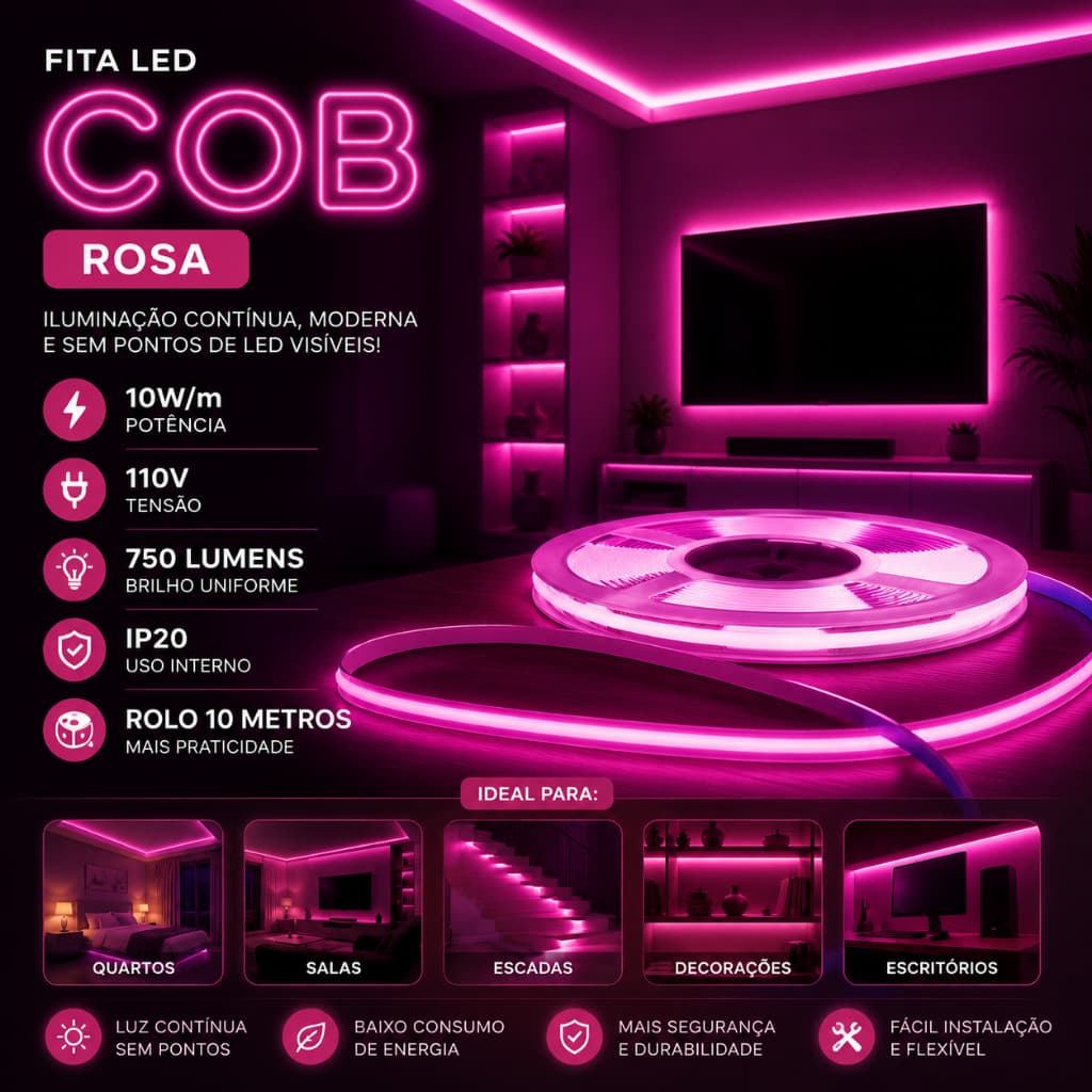 Fita LED Rosa COB 10W/m IP20 110V Rolo 10 Metros 750 Lumens HZS