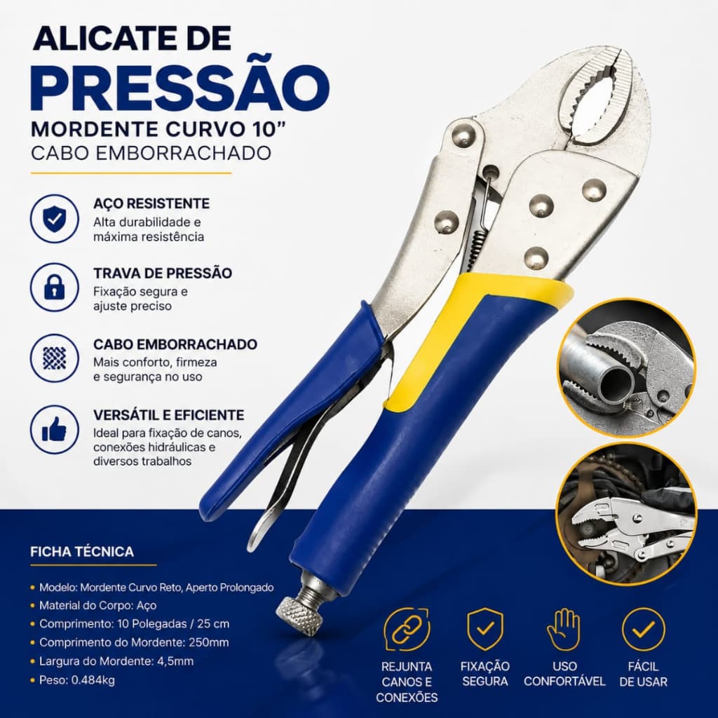 Alicate de Pressão 10 Pol Mordente Curvo Ideal para Cano Tubulação Hidráulica Oficina Mecânica e Manutenção