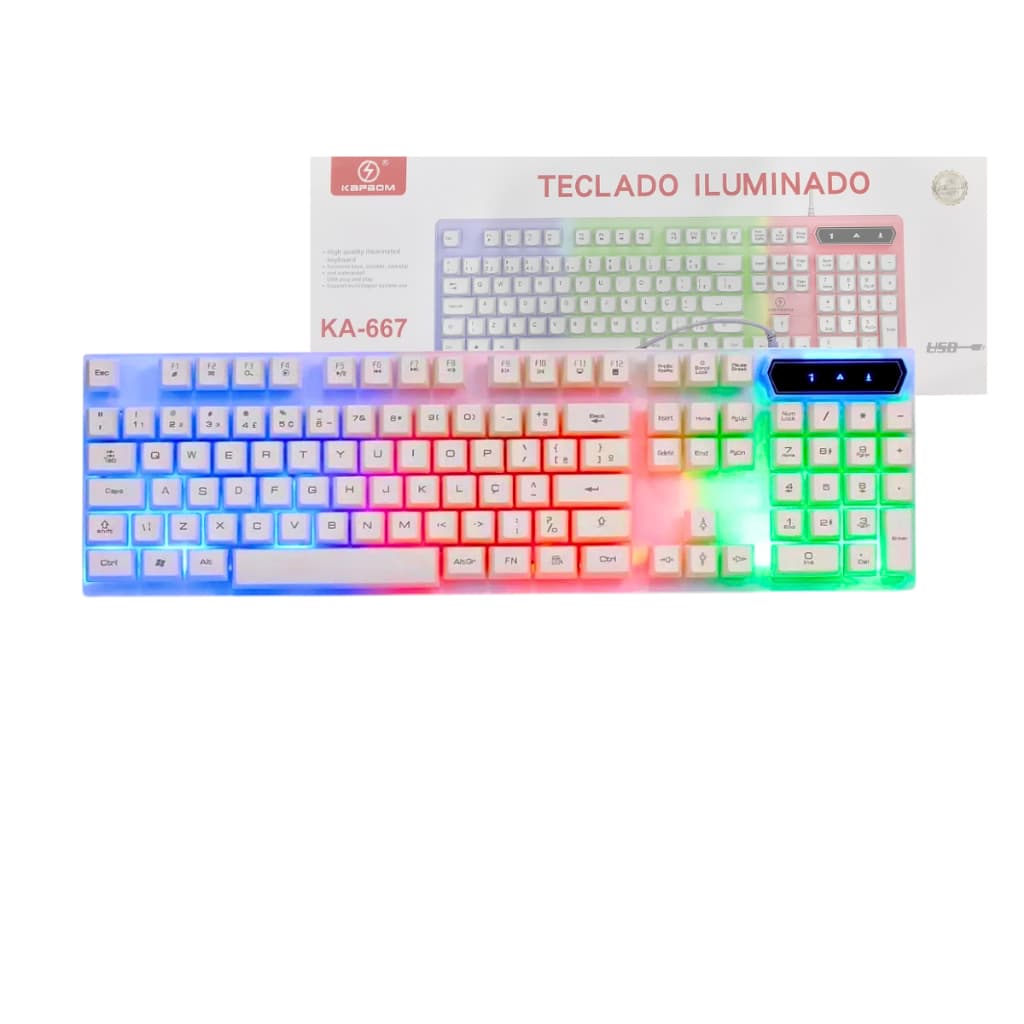 Teclado Gamer  RGB LED Branco USB Kapbom KA-667 para PC e Notebook
