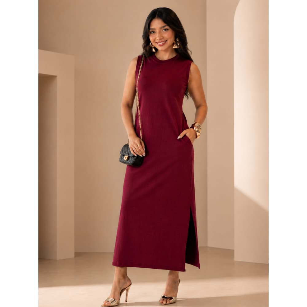 Vestido Longo Feminino Com Fenda Lateral e Bolso Cavado Soltinho Elegante Casual