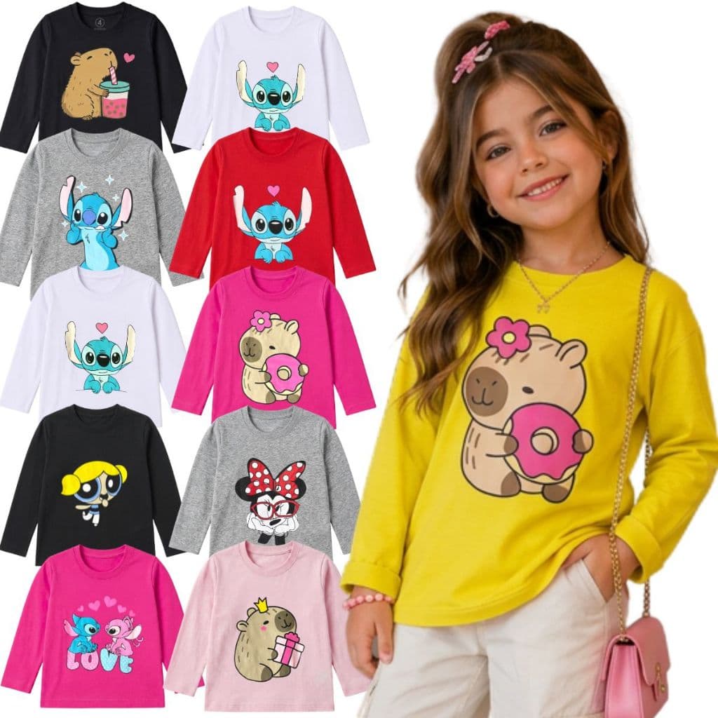 Camiseta Manga Longa Infantil Menina 100% Algodão Personagens Infantis Estampa DTF Tamanho 04 ao 08