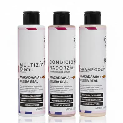 Kit BasiQin Macadâmia e Geleia Real (3 Itens) | Reposição de Massa, Antifrizz | Leave-in 10 em 1 Multizin | Cabelo Lizin