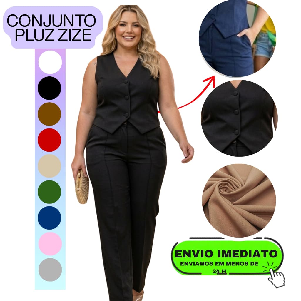 Calça e Colete Conjunto Feminino Alfaiataria botao e bolsos tamanhos do P ate G2