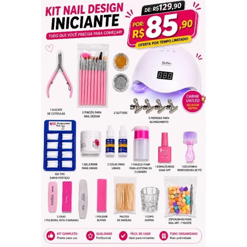 Kit Unha Gel Completo com Cabine UV LED + Tips + Cola + Acessórios Nail Designer