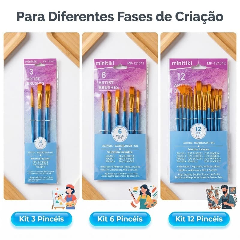 Pincéis de Pintura Profissionais minitiki, Conjunto com 3, 6 ou 12 Unidades, Ideal para Aquarela, Acrílico e Tinta a Óle