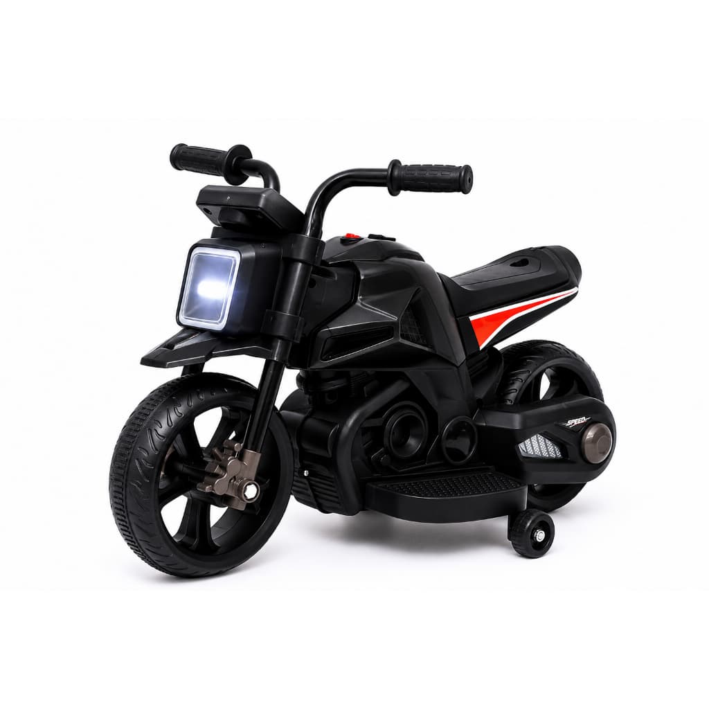 Moto Elétrica Infantil Dark Rider Preta Farol LED Rodinhas Laterais Apoio Pés +3 Anos Motinha Scooter Recarregável