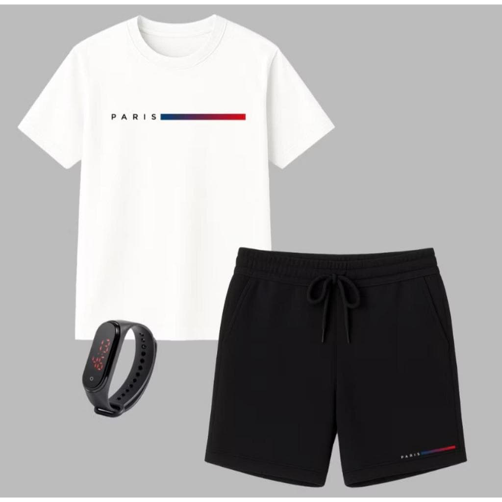 Kit Short Moleton e Camisa París + Reloógio de Brinde Camiseta % Algodão e Bermuda Moleton + Brinde