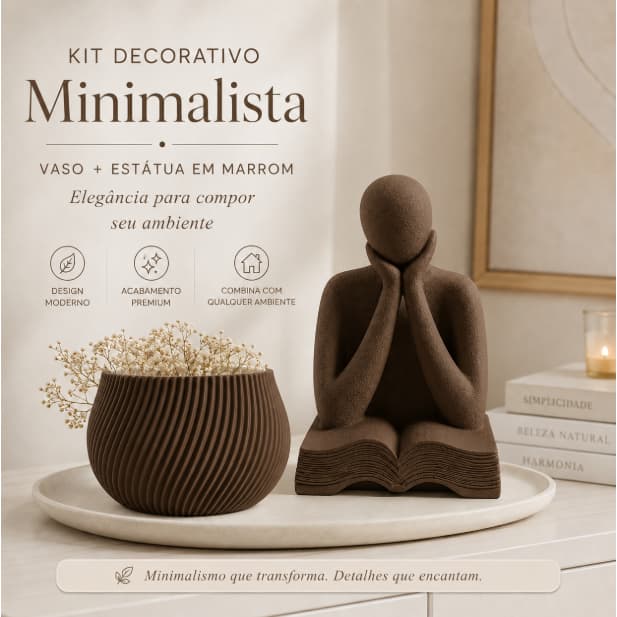 Kit Decorativo Minimalista Vaso e Estátua Pensador 3D | Presente Criativo para Casa
