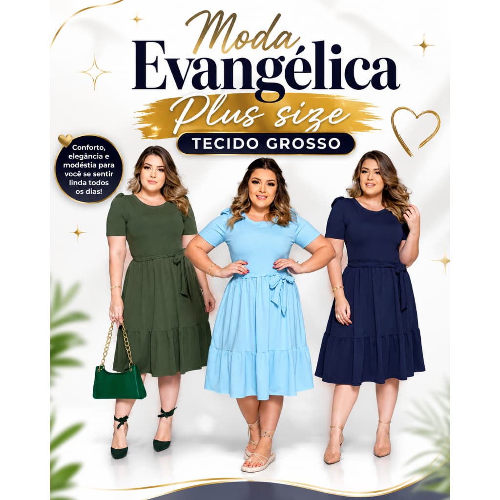 Vestido Plus Size Moda Evangélical Social Midi Godê Com Lycra Com cinto Rodado Soltinho Evase Boneca Compostado Luxo