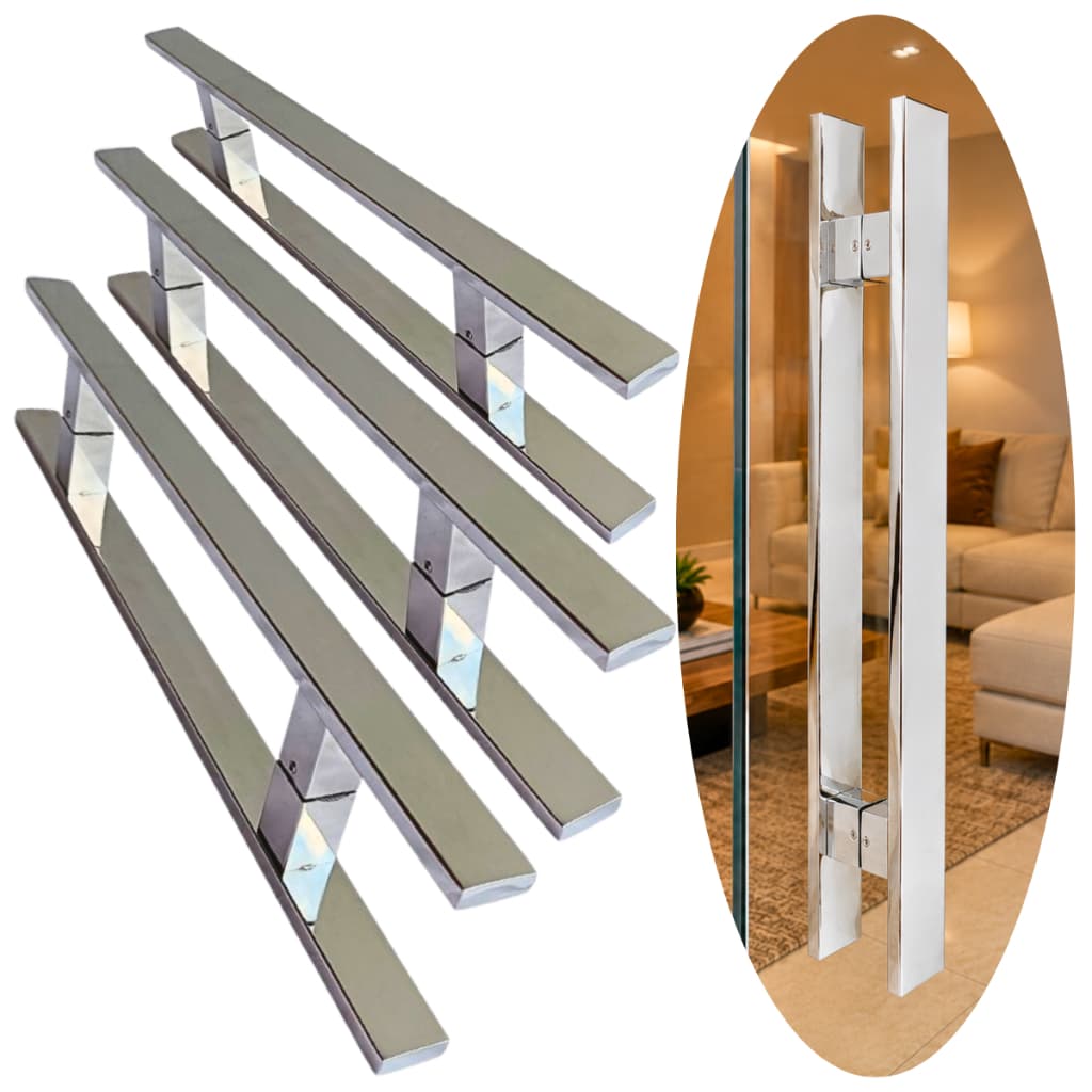 Puxador De Porta Inox Polido Brilhante Grande Barra Quadrada 80 Cm Kit 3 Unidades