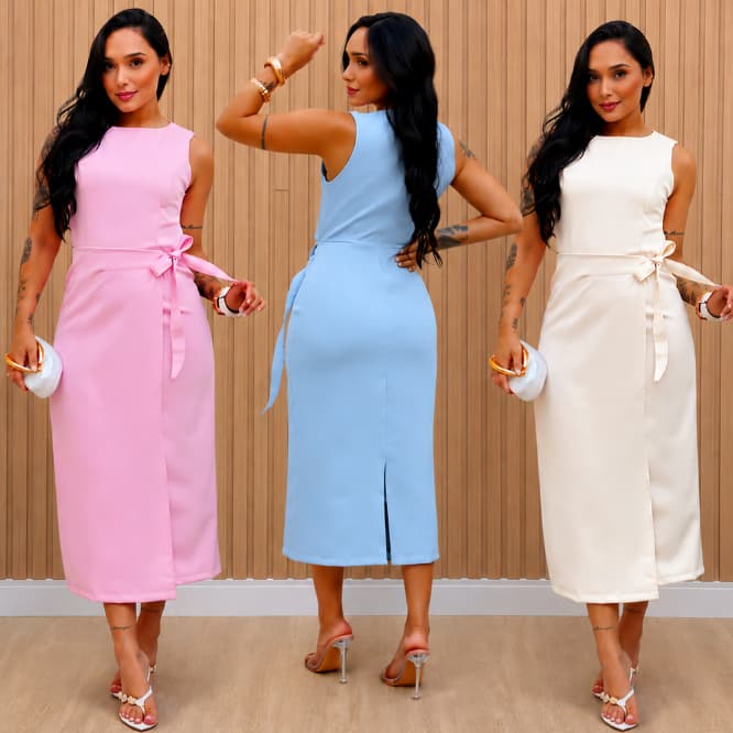 Vestido Midi Alfaiataria Feminino do P ao GG Elegante com Fenda e Amarração Lateral