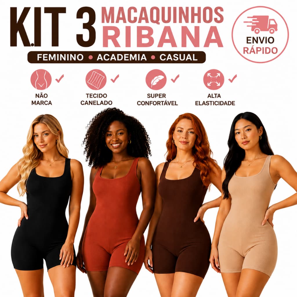 Kit 3 Macaquinho Feminino Ribana Canelada Academia Casual Fitness Modelador Curto Alta Elasticidade M G