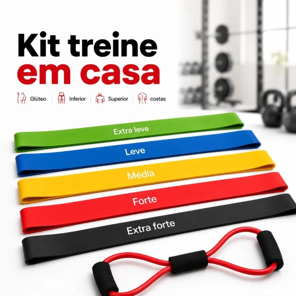 Kit Treine em Casa 5 Mini Bands + Elástico Extensor Funcional Fisioterapia Pilates Exercício Fortalecimento Muscular