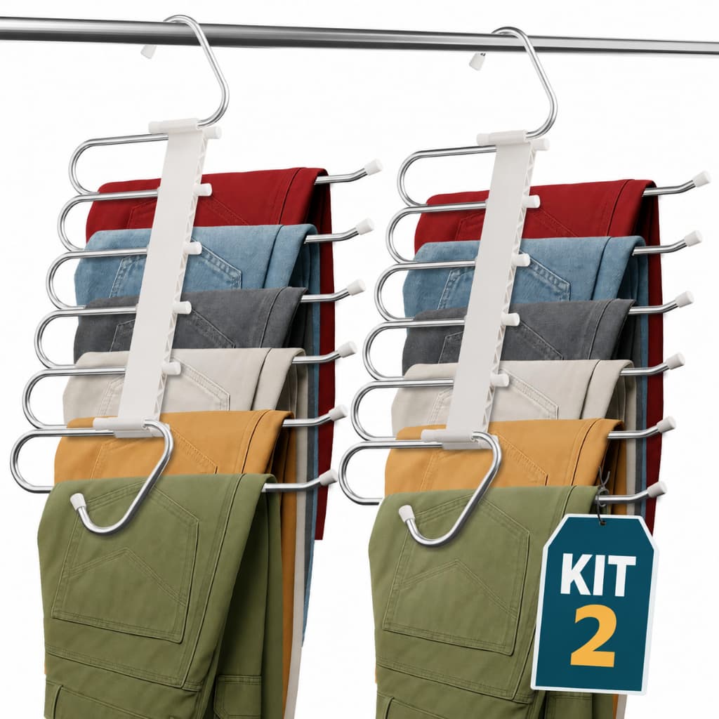 Ambito Dlux Cabide Para Calças Kit 2 Organizador Multifuncional 5 Em 1 Economiza Espaço Aço Inox