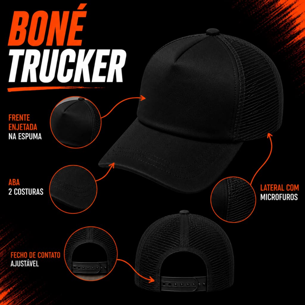 Boné Trucker Preto Liso espumado unissex Aba Curva Com Tela Ajustável Casual Premium Respirável Alta Qualidade