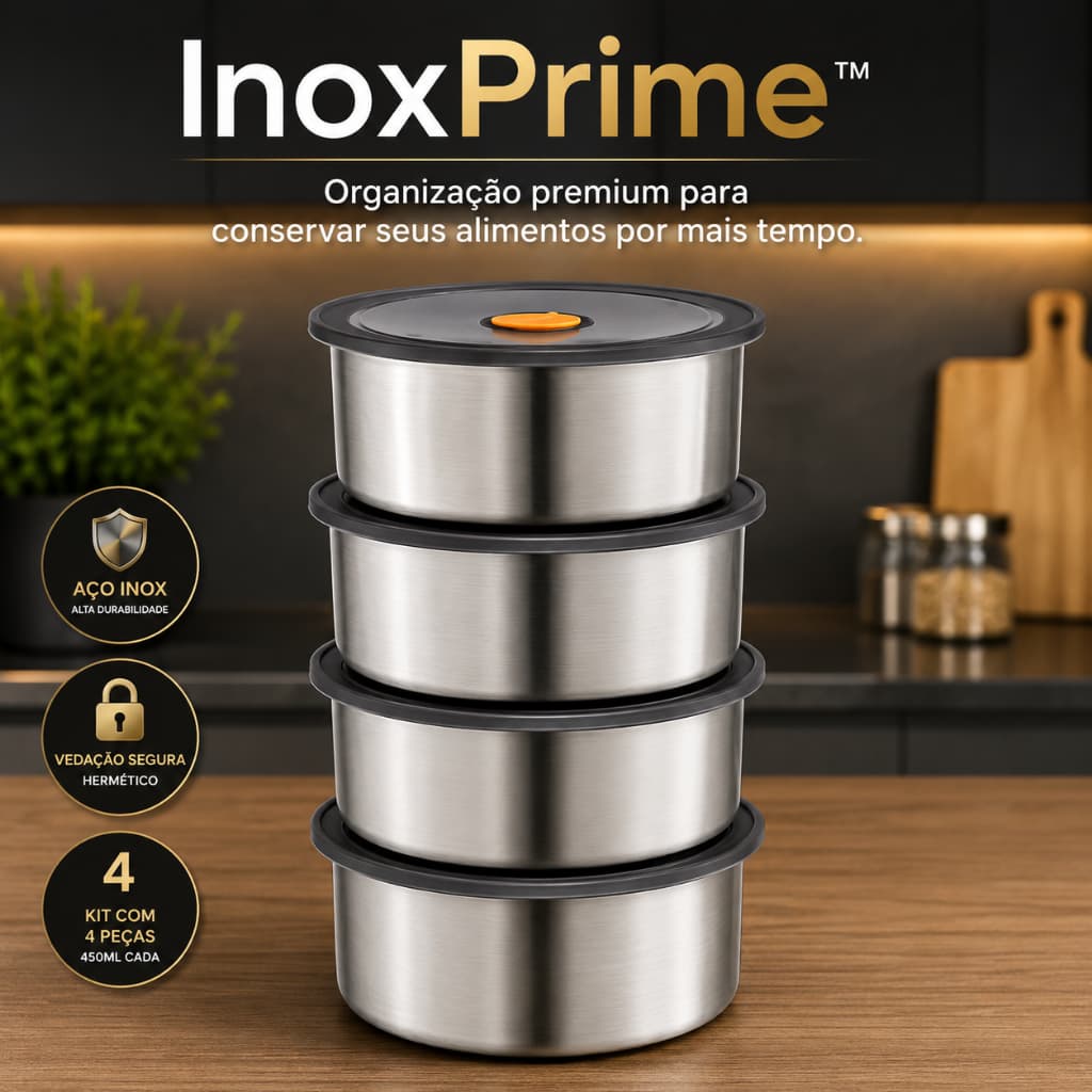 Kit 4 Potes Hermeticos Inox Redondos 450 Ml Vedacao Segura Organizador Cozinha 4 Pecas com  tampa