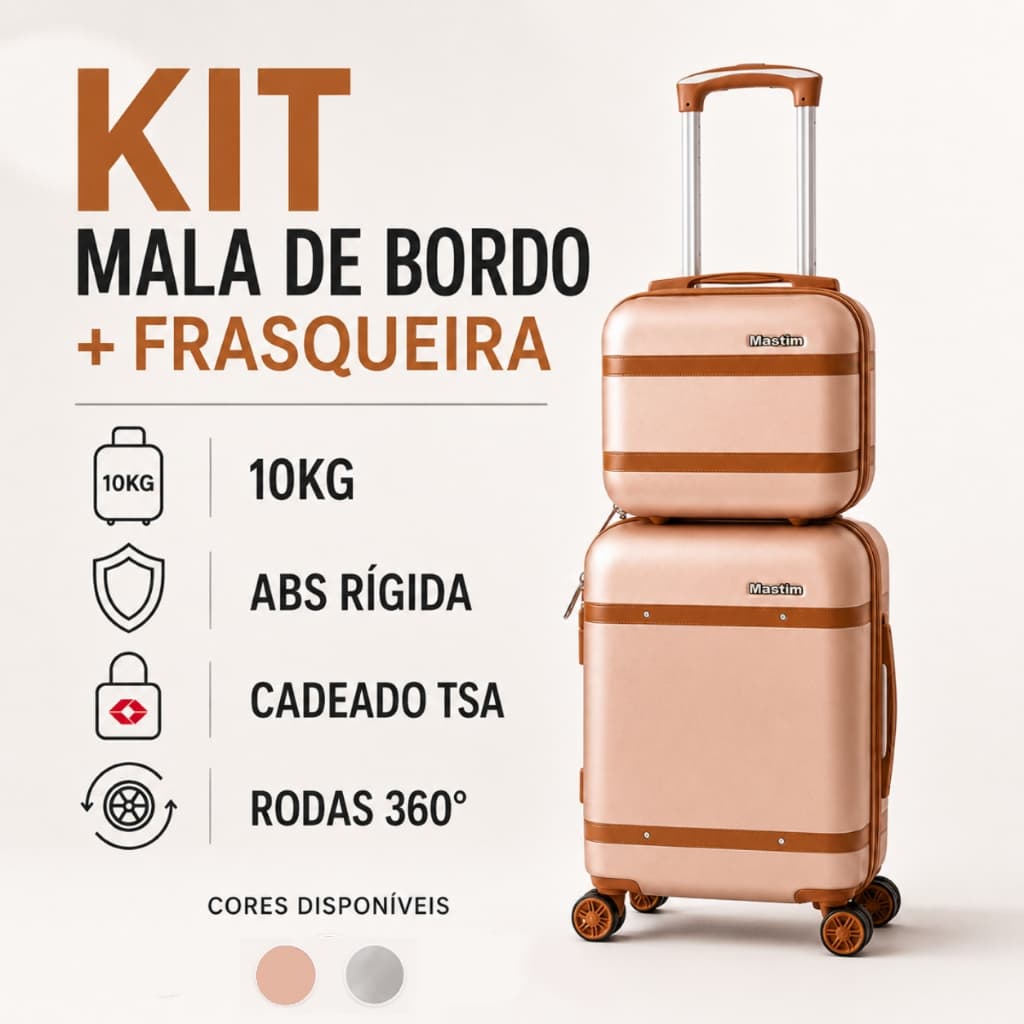 kit Mala de Bordo 10kg Com Frasqueira | Rígida ABS com Cadeado TSA e Rodas 360°