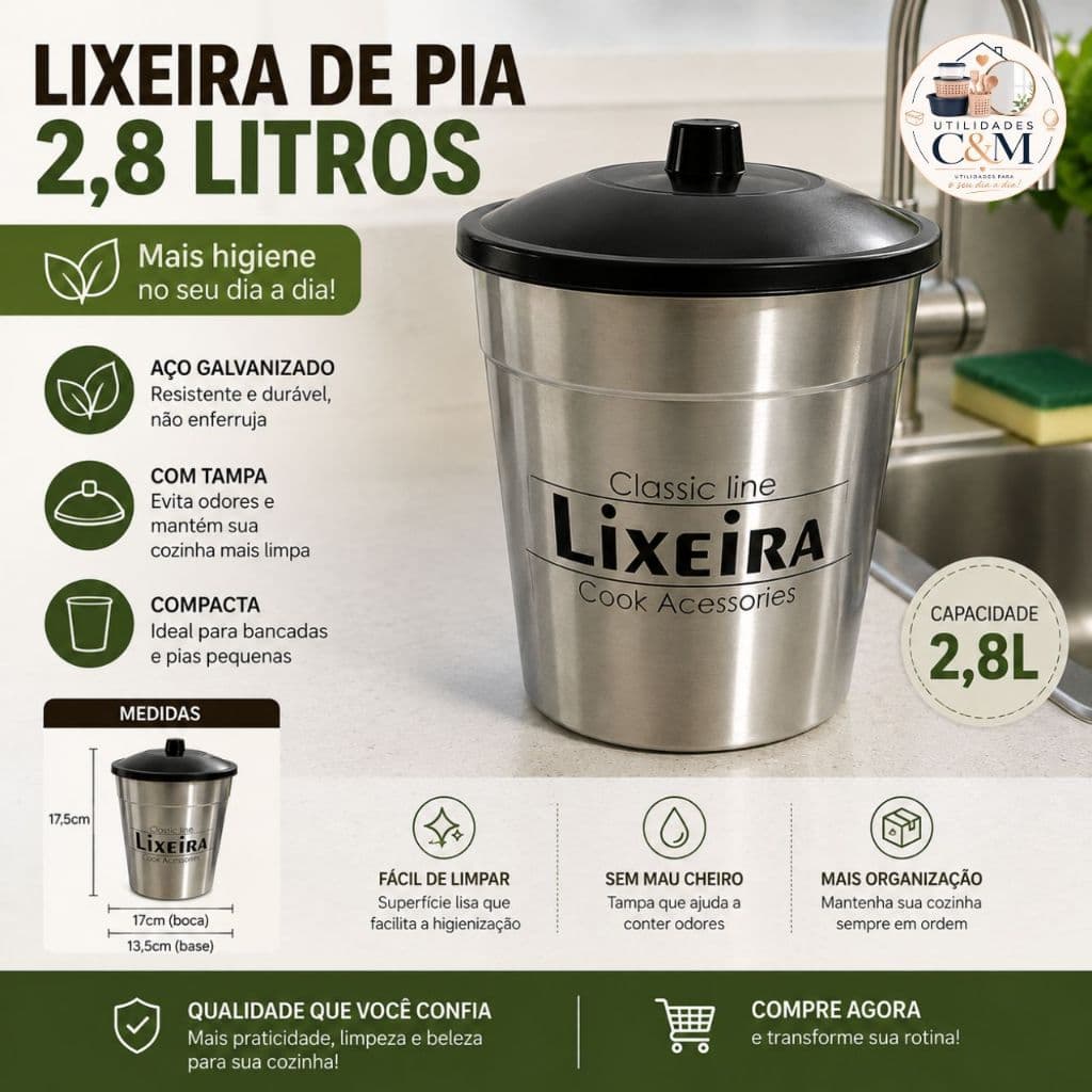 Lixeira de Pia 2,8L Plastico Tampa Preta Cozinha Bancada Resistente 2,8 Litro Organizador Utensilio