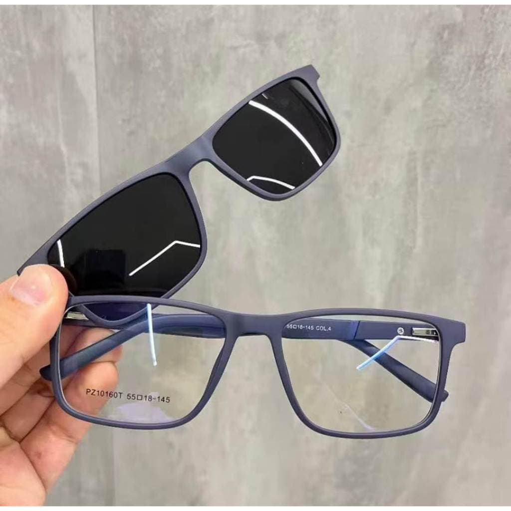 Óculos masculino 2 em 1 Clip Magnético Retangular Armação TR90 Preto Fosco Lentes Polarizadas UV400