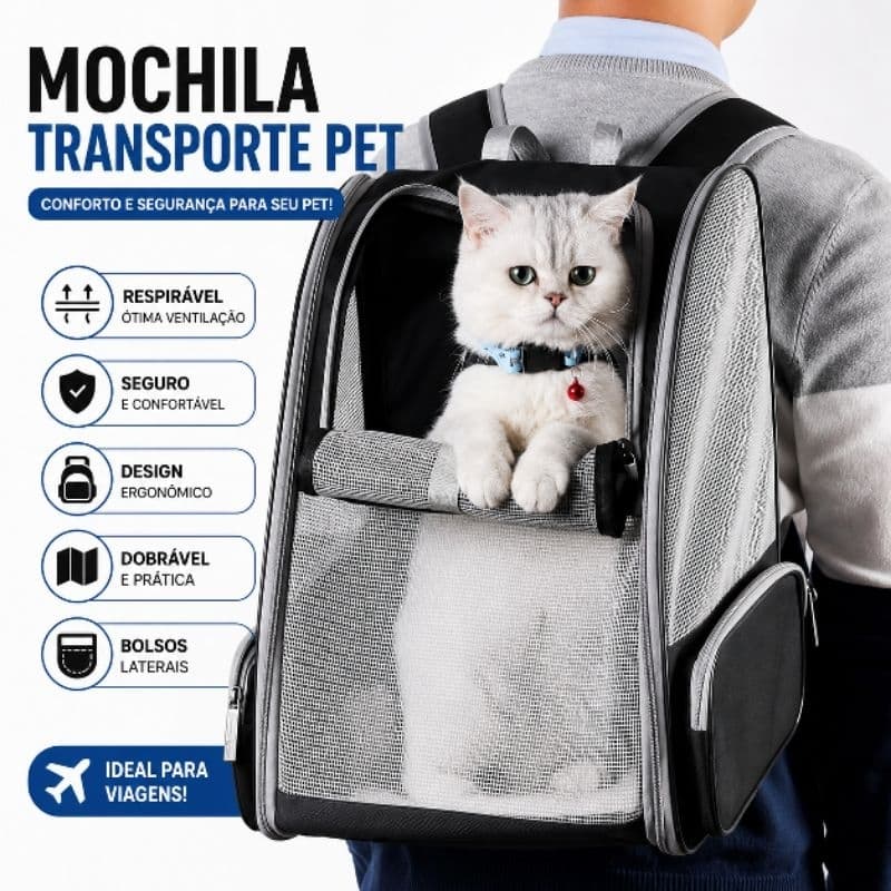 Mochila Transporte Pet Telada Dobrável Confortável para Cães e Gatos