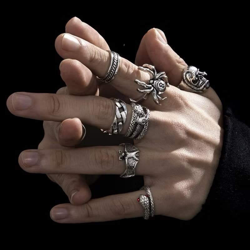 1 Conjunto 7 aneis Punk Silver Poker Coringa Anéis De Crânio De Moda Acessórios De Joias