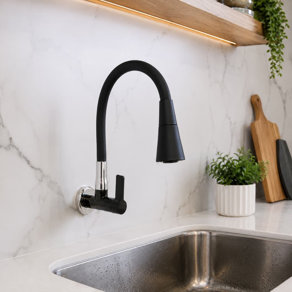 Torneira Parede Cozinha Gourmet ABS Preta Flexível 2 Jatos 1/4 De Volta Semi Luxo