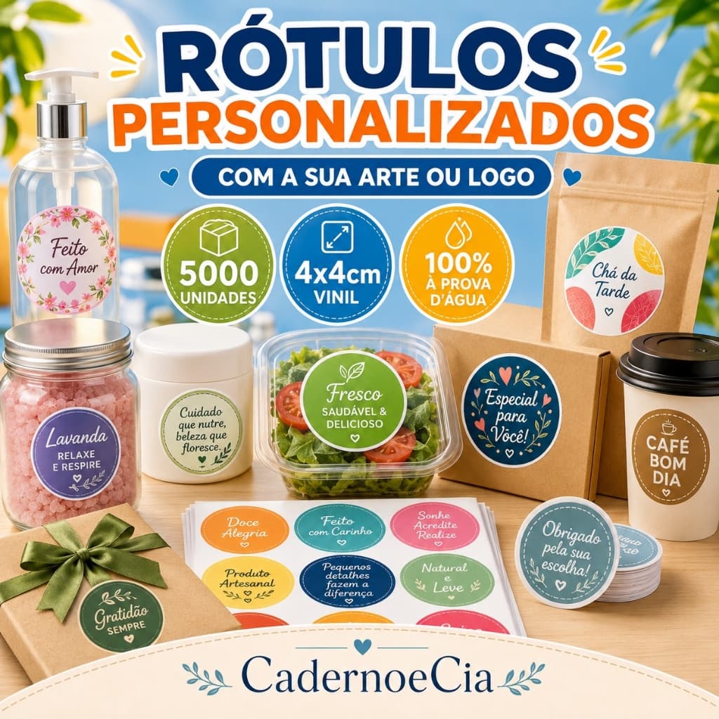 5000 Rótulos Adesivos 4x4cm - Vinil - 100% á Prova d'agua