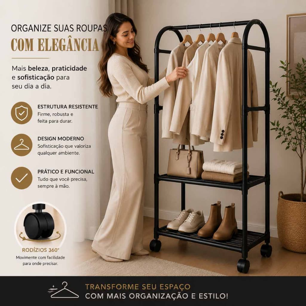 Arara Cabideiro Roupas Organizador Prateleiras Duplas Metal Preto Suporte Cabide Vestuario Mancebo