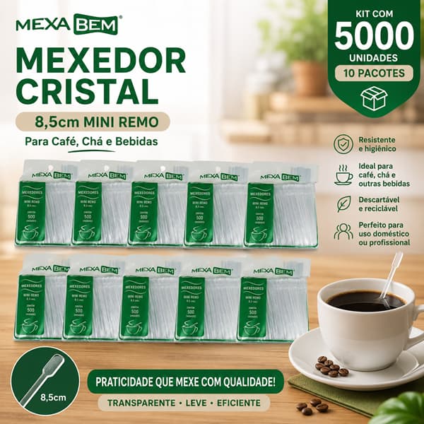 Kit 10 Pacotes Mexedor Cristal 8,5cm Mini Remo Mexa Bem – 5.000 Unidades para Café, Chá e Bebidas