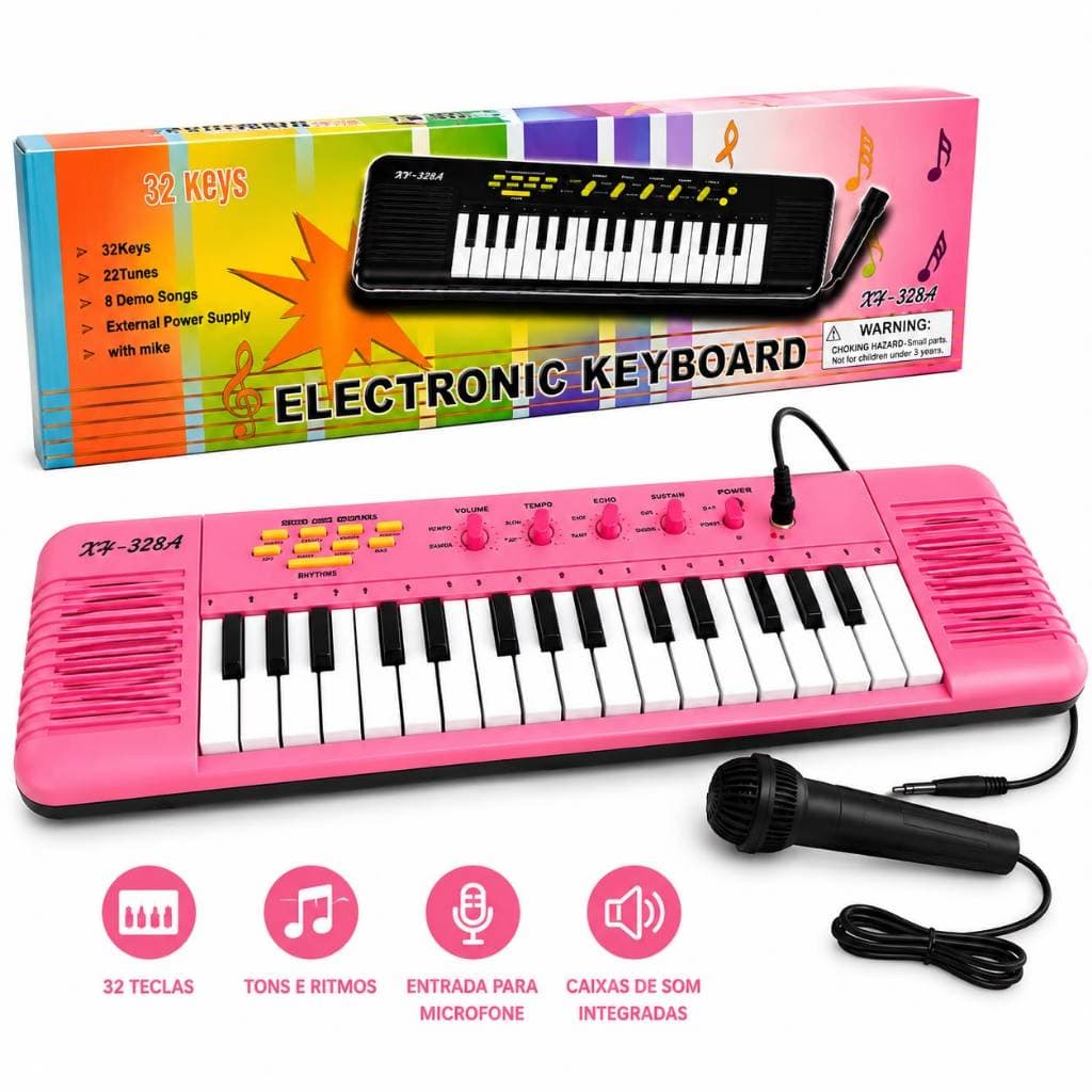 Brinquedo Piano Teclado Infantil Rosa e Preto com Musicas e Microfone para Crianças