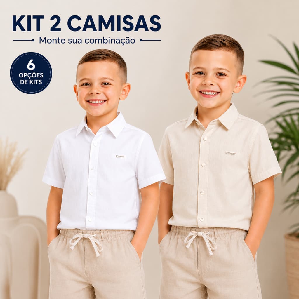 Kit 2 Camisas Sociais Infantil Menino Viscolinho Manga Curta Festa Casamento Linha Boutique