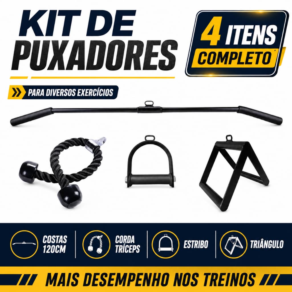 Kit 4 Puxadores Costas 120cm Corda Tríceps Estribo Crossover Triângulo Remada Estação Musculação