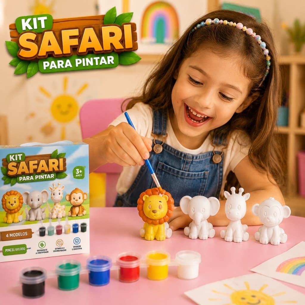 Kit Safari Para Pintar Infantil |Tinta Guache e Pincel| Brinquedo| Educativo| Atividade Criativa