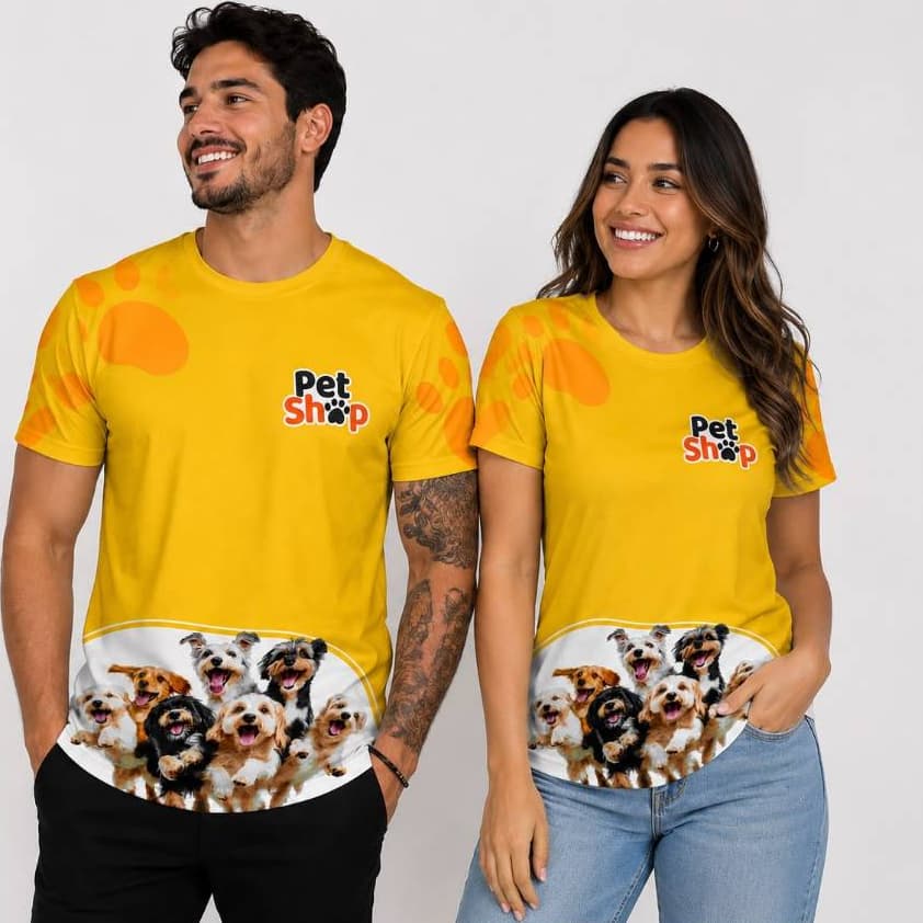 Camiseta Uniforme Pet Shop Sublimada Personalizada Profissional Unissex Frente e Costas | Estampa Total