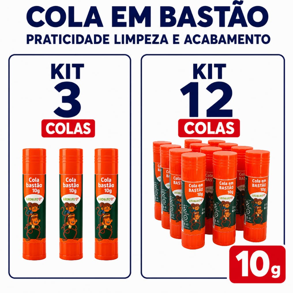 Kit Cola em Bastão 10 g Leo e Leo para Material Escolar Colagem Perfeita Não Tóxico Papel Cartolina
