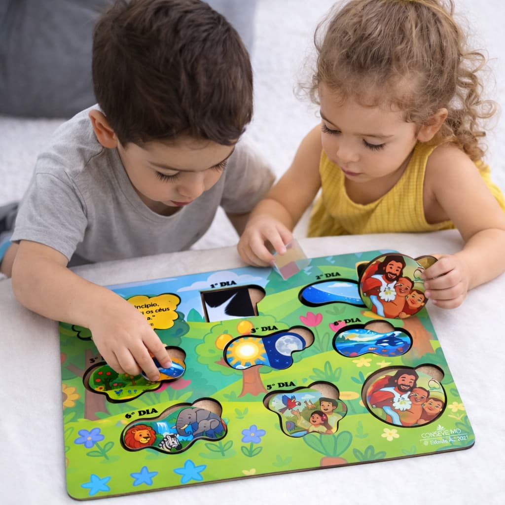 kit 16 Brinquedos Biblico Quebra Cabeça Encaixe Jogo Cristão Educativo Criação do Mundo 19x24cm
