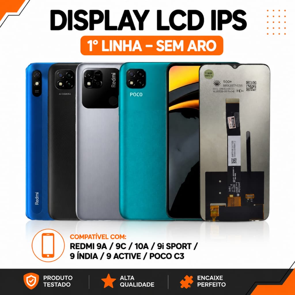 Display Redmi 9A/9C/10A/9i Sport/9 Índia/9 Active/Poco C3 Frontal LCD IPS 1°Linha Tela Sem Aro