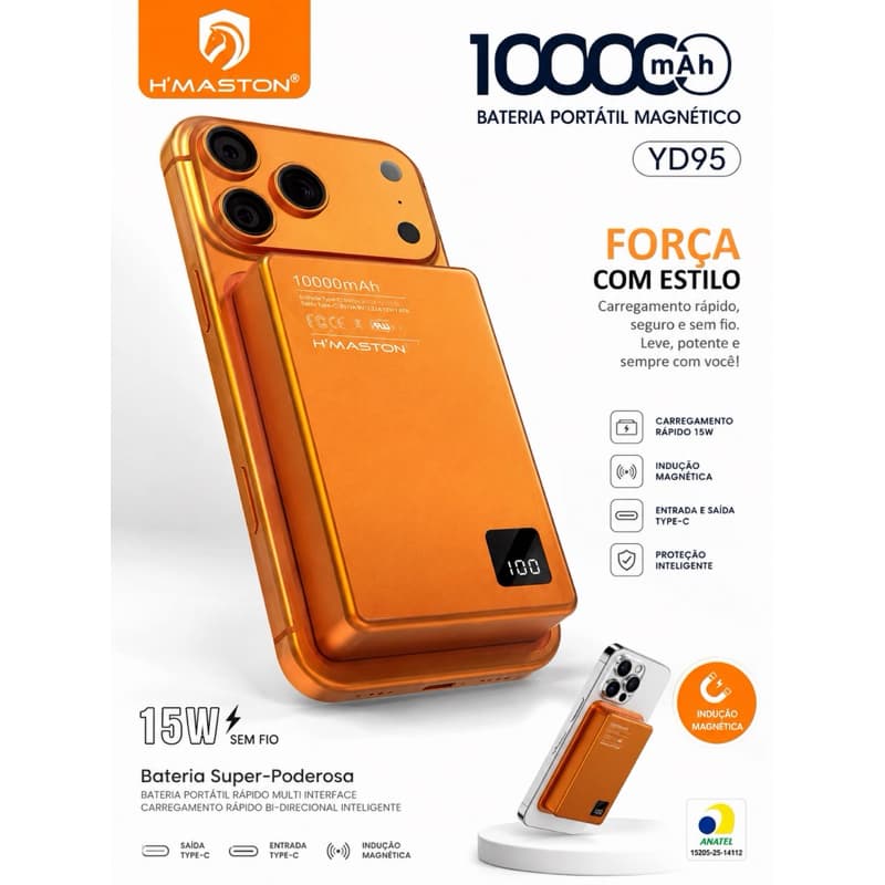 Power Bank Magnético 10000mAh 15W USB-C, carregamento rápido sem fio, display digital e alta potência.