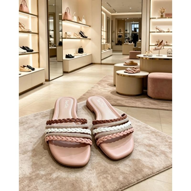 Chinelo Rasteiro Feminino Trançado Lux Nude com Strass
