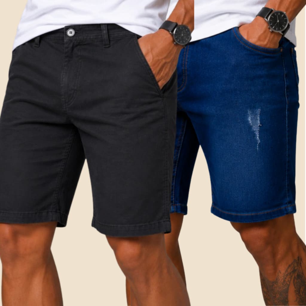 Kit 2 Bermuda Jeans Masculina | Preta Lisa e Azul Puido Lycra Elastano Premium Slim - Short Confort
