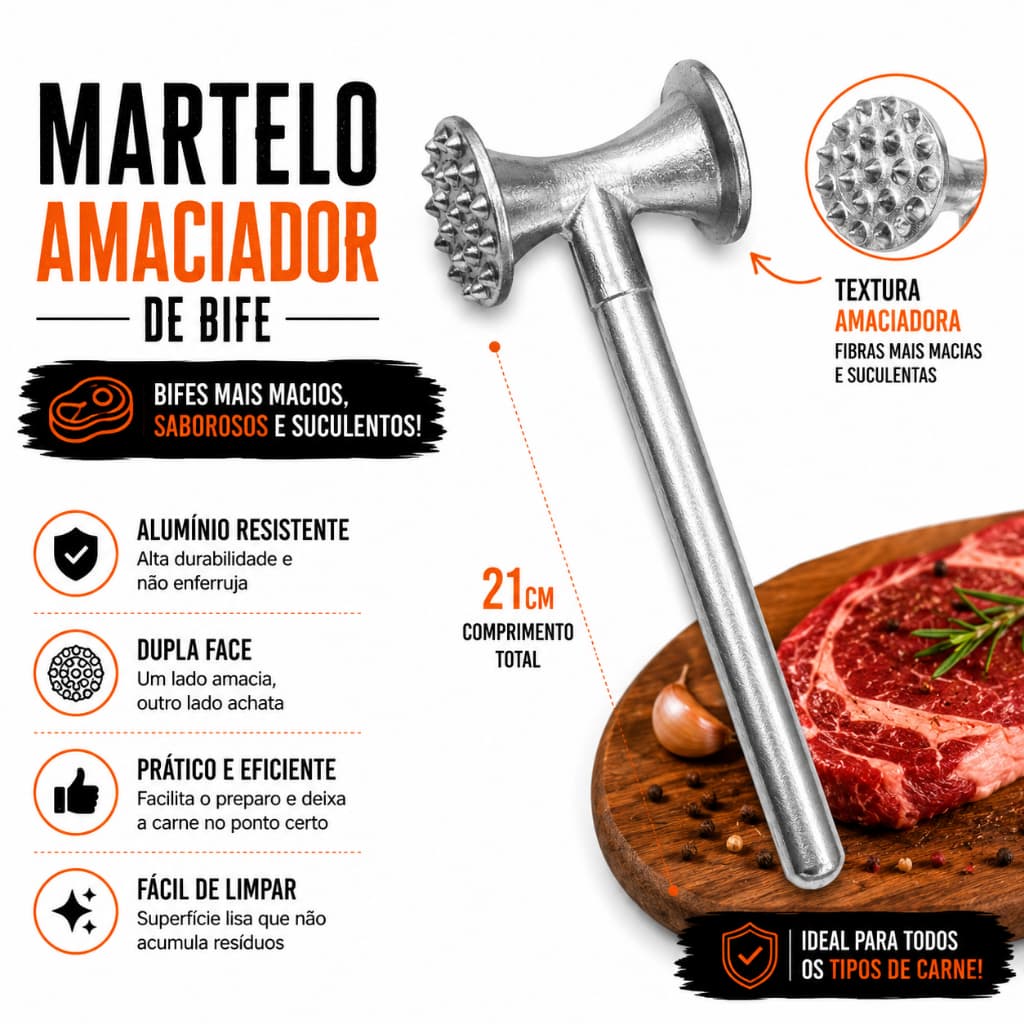Martelo Amaciador de Carne Multifuncional em Alumínio
