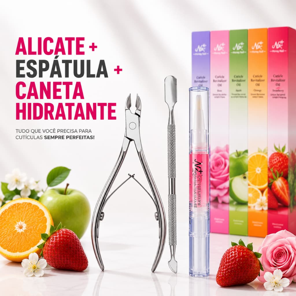 Kit Manicure Alicate de Cutícula + Espátula Inox + Caneta Hidratante Óleo para Cutículas