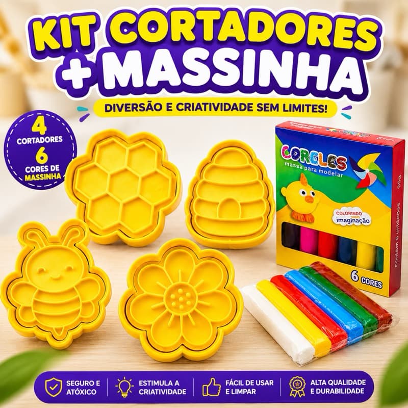 Kit Cortadores + Massinha para Modelar Infantil – 4 Cortadores + 6 Cores de Massinha | Brinquedo Educativo e Criativo