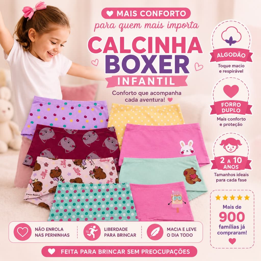 Kit Calcinha Boxer Infantil Algodão Forro Duplo Tamanhos 2 ao 10 com 5 ou 10 Peças