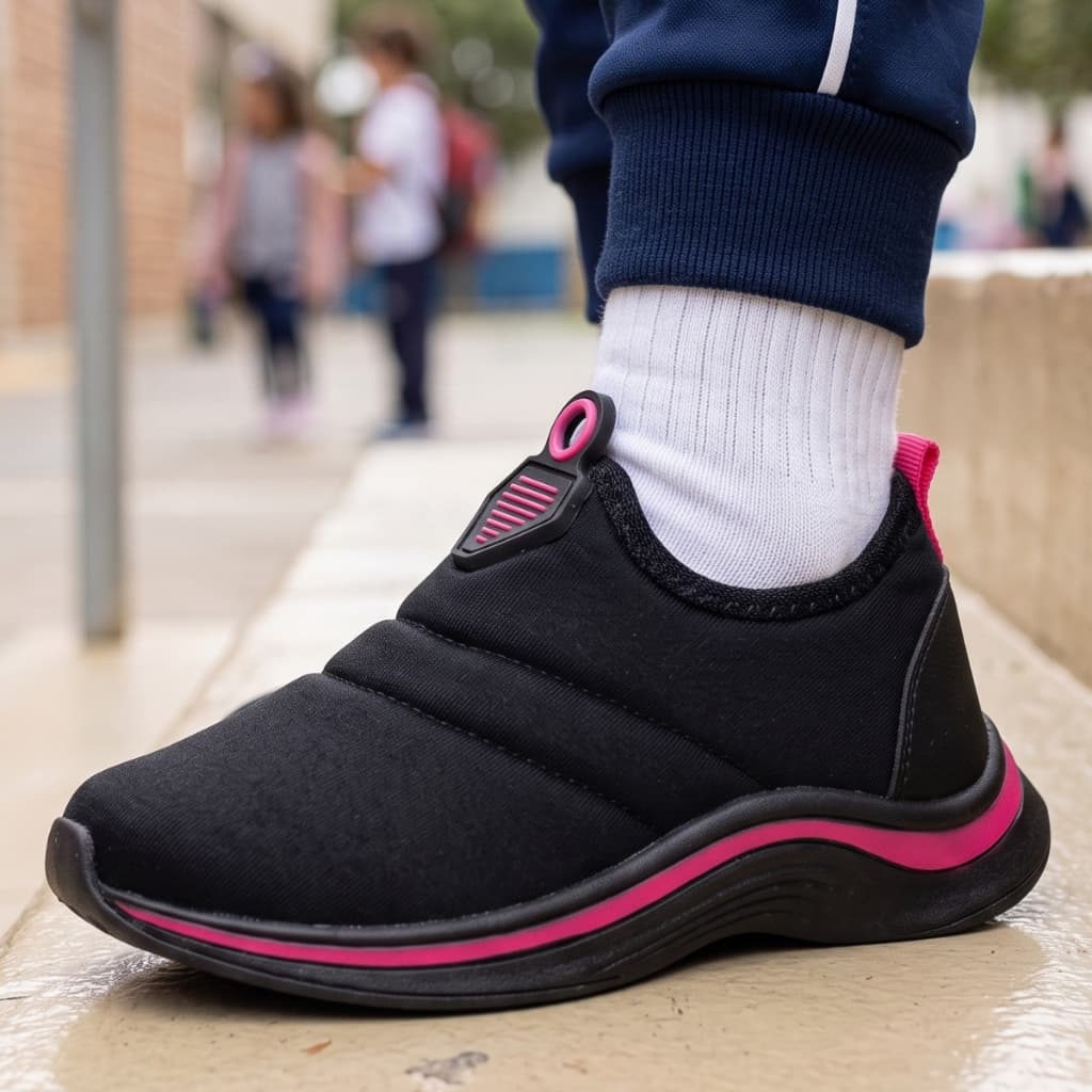 Tênis Infantil Escolar Menina Resistente Confortável Antiderrapante Bordado Rosa Calce Fácil Slip On