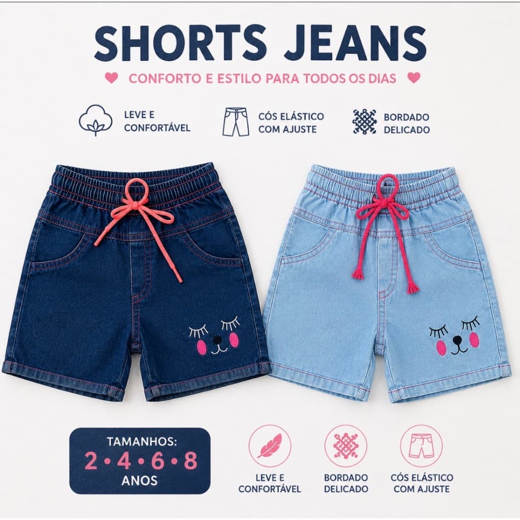 Short Jeans Infantil Feminino Menina Bordado Bermuda Jeans Claro/Escuro Cós Elástico 2 4 6 8 Anos
