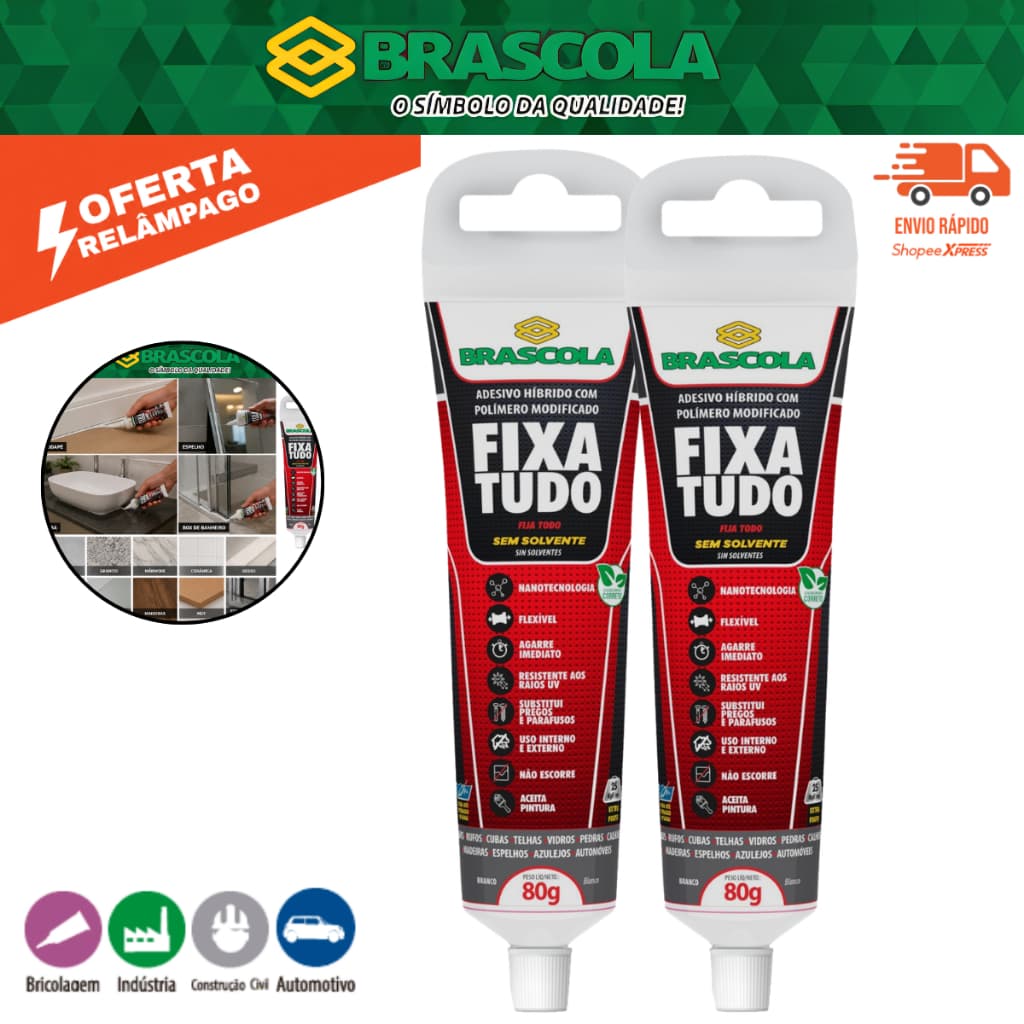 Kit 2 Colas Adesivo Fixa Tudo híbrido 80g BRASCOLA Rodapé Espelho Cuba Banheiro Concreto Mármore Top